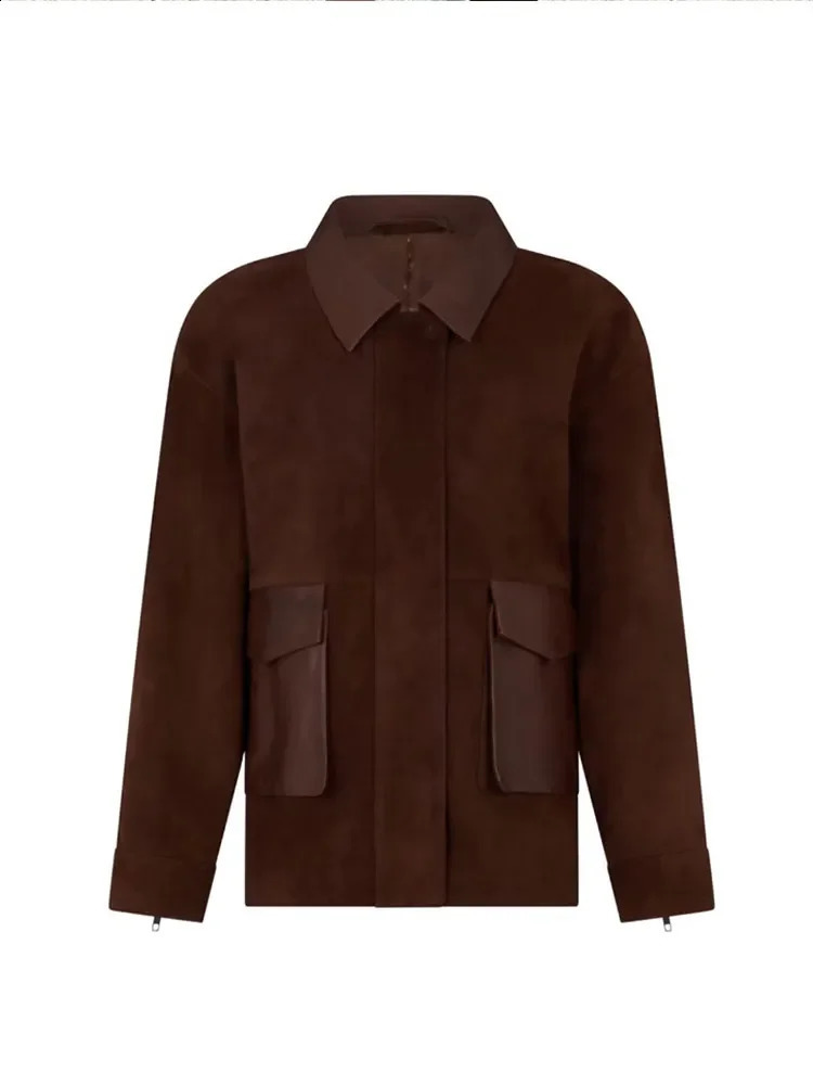 Retro Brown Zipper Suede Womens Jacket Elegant Lapel Long Sleeves Pocket Short Coats Autumn Chic Lady Commuting Street Outwears 241017