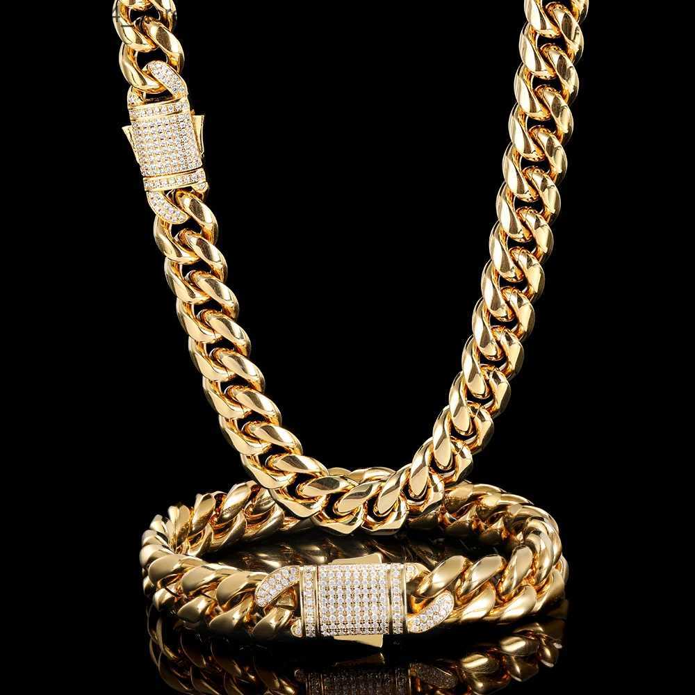 Chokers Gold Plated Mens Heavy duty Miami Cuban Chain Necklace with Laboratory Diamond Buckle Stainless Steel Hip Hop Thickness 10mm/12mm Necklace L24