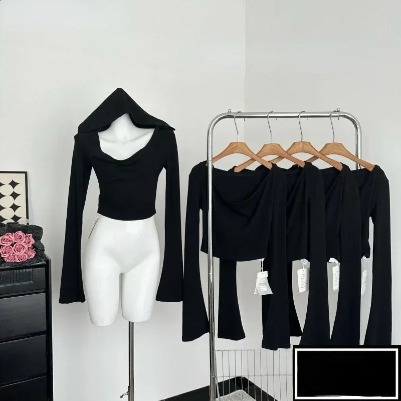 Gothic Black Tshirts for Women Y2k Crop Tops Shirts 2024 Summer Hooded Long Sleeve Tees Korean Fashion Casual Sexy T Shirt 241010
