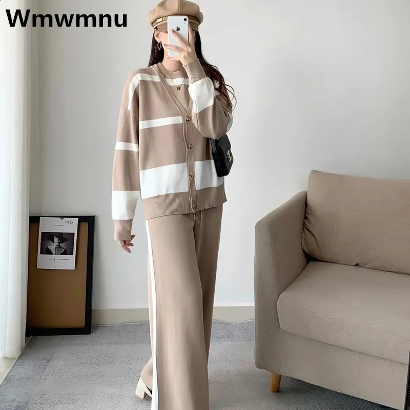 Knitwears Cardigan Striped Sweater Vest knit Wide Leg Pants Outfits Casual Knitted 3 Piece Sets Korean Fashion Loose Ensemble 241017