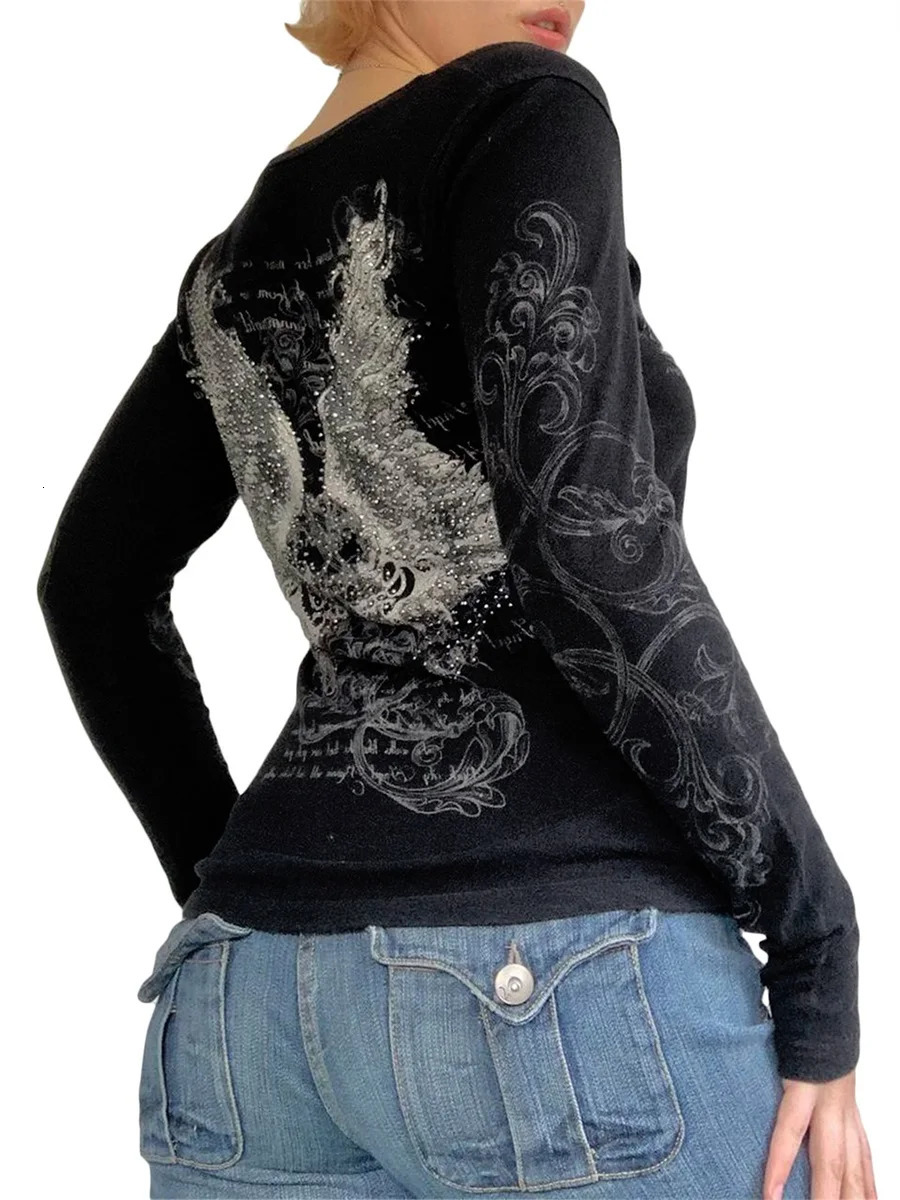 Y2k Fairy Grunge Graphic Long Sleeve Tees Tops Women Autumn EGirls Aesthetic Gothic Floral Print Baggy T Shirts Emo Clothes 241018