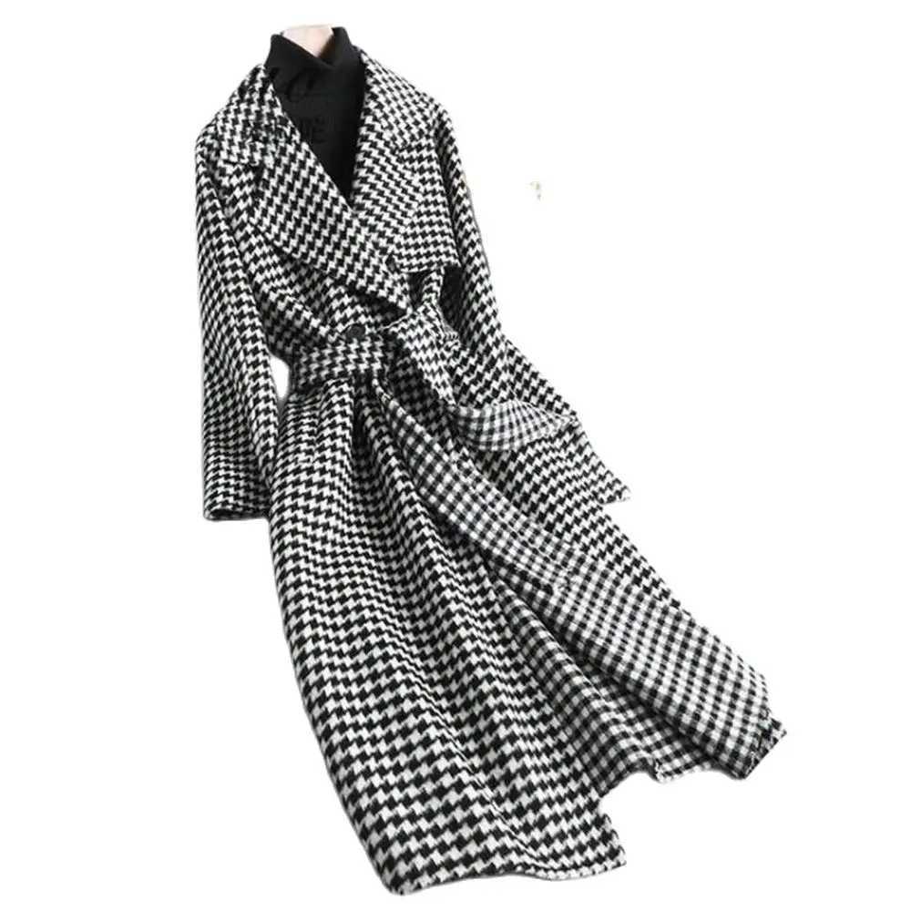 Women Long Plaid Woolen Jackets Houndstooth Waistband Coats Spring Blends Long Outerwear Autumn Belt Overcoat Wool S-2xlX241009