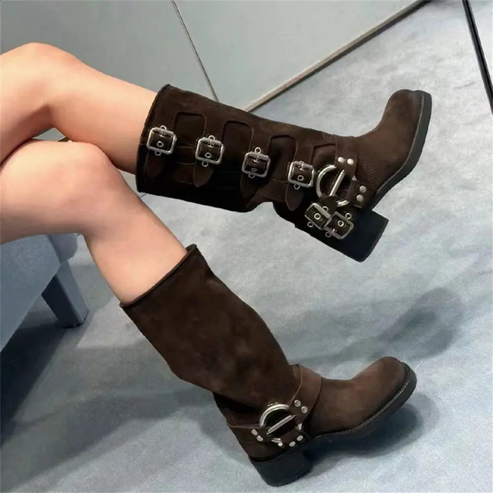 2024 cowhide leather womens y2k retro detachable bucket motorcycle boots brown buckle strap with boots241018 - view 4