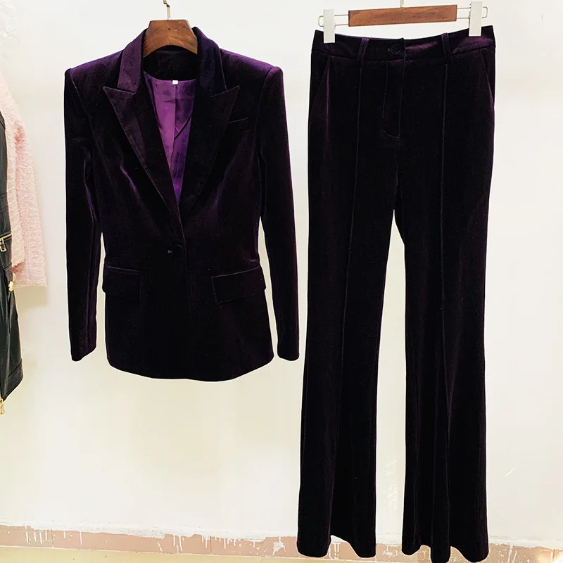 Velvet jacket womens set purple brown autumn and winter item one button jacketflame pants twopiece office 241009