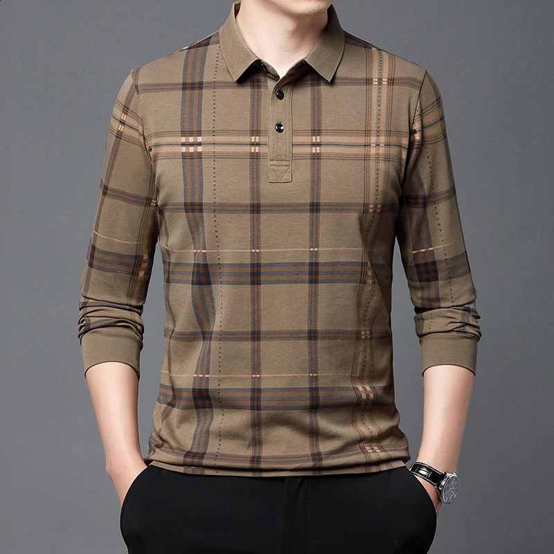 2023 Autumn mens long sleeve lapel checkered polo shirt business leisure wash cotton high quality Tshirt men 241009