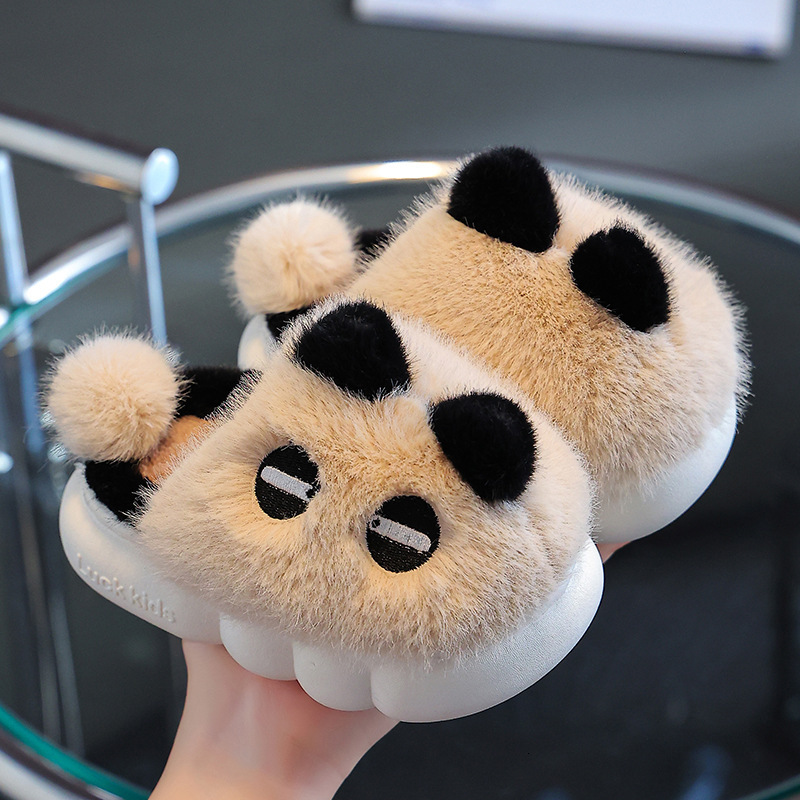 Panda children's cotton slippers for girls, indoor anti slip and warm with plush fur, boys' baby autumn and winter cotton slippers