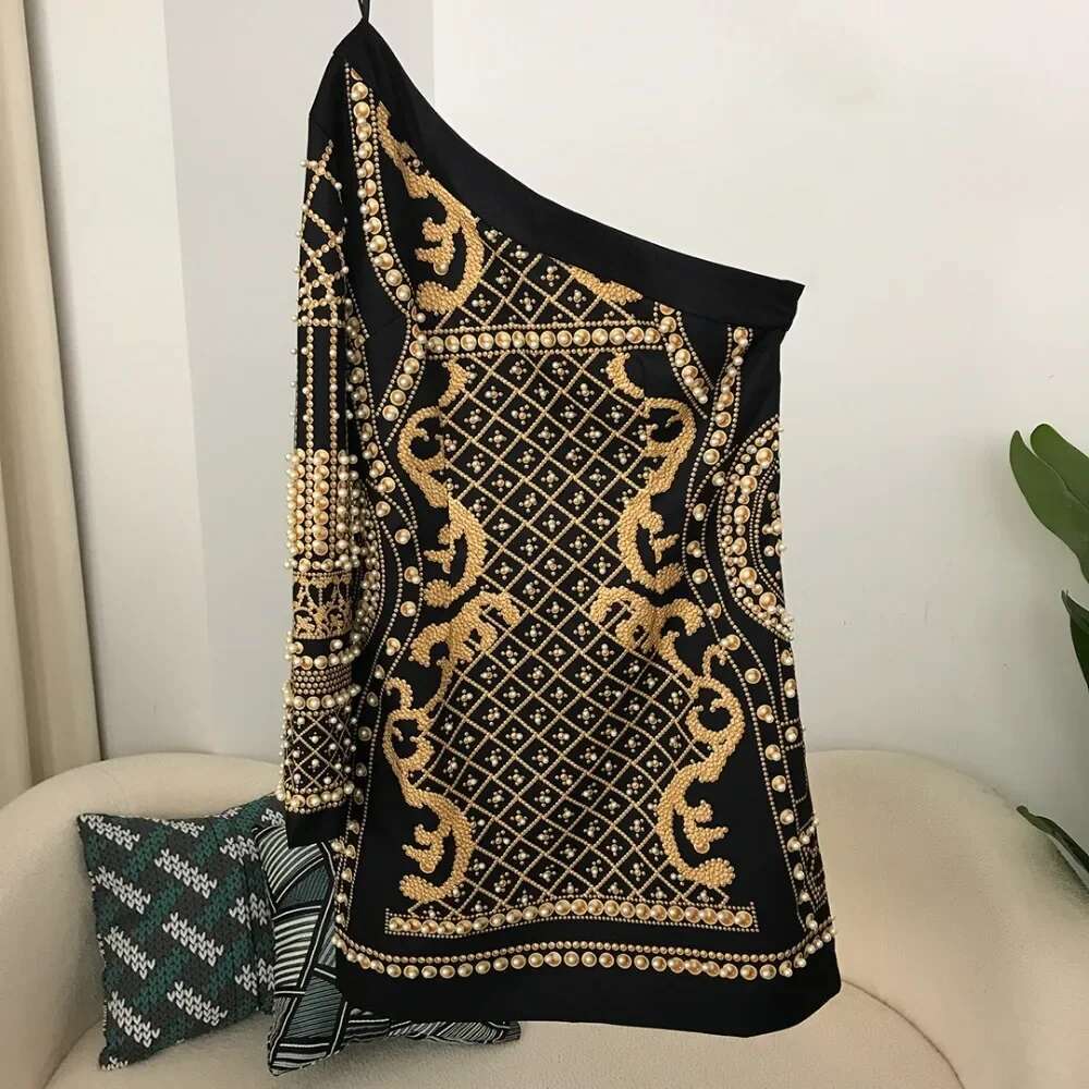 Spring Dresses Blazer Women Diagonal Collar One Shoulder Sleeve High Waist Printing Mini Dress Female Spliced Pearl A E