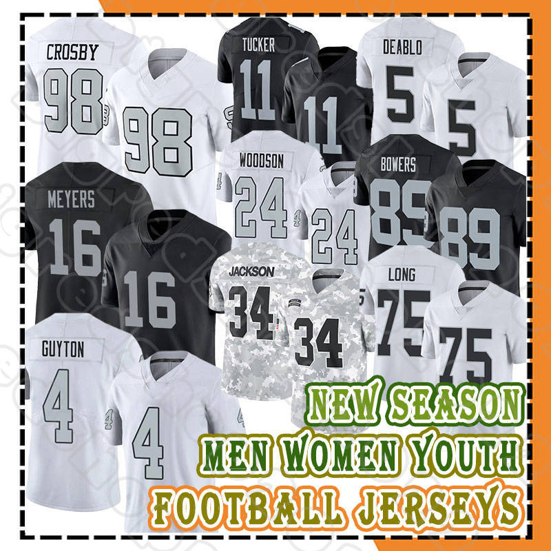 98 Maxx Crosby 16 Jakobi Meyers Football 89 Brock Bowers Jerseys 5 Divine Deablo 34 Bo Jackson 39 Nate Hobbs 24 Charles Woodson Tre Tucker Jalen Guyton Robert Spillane