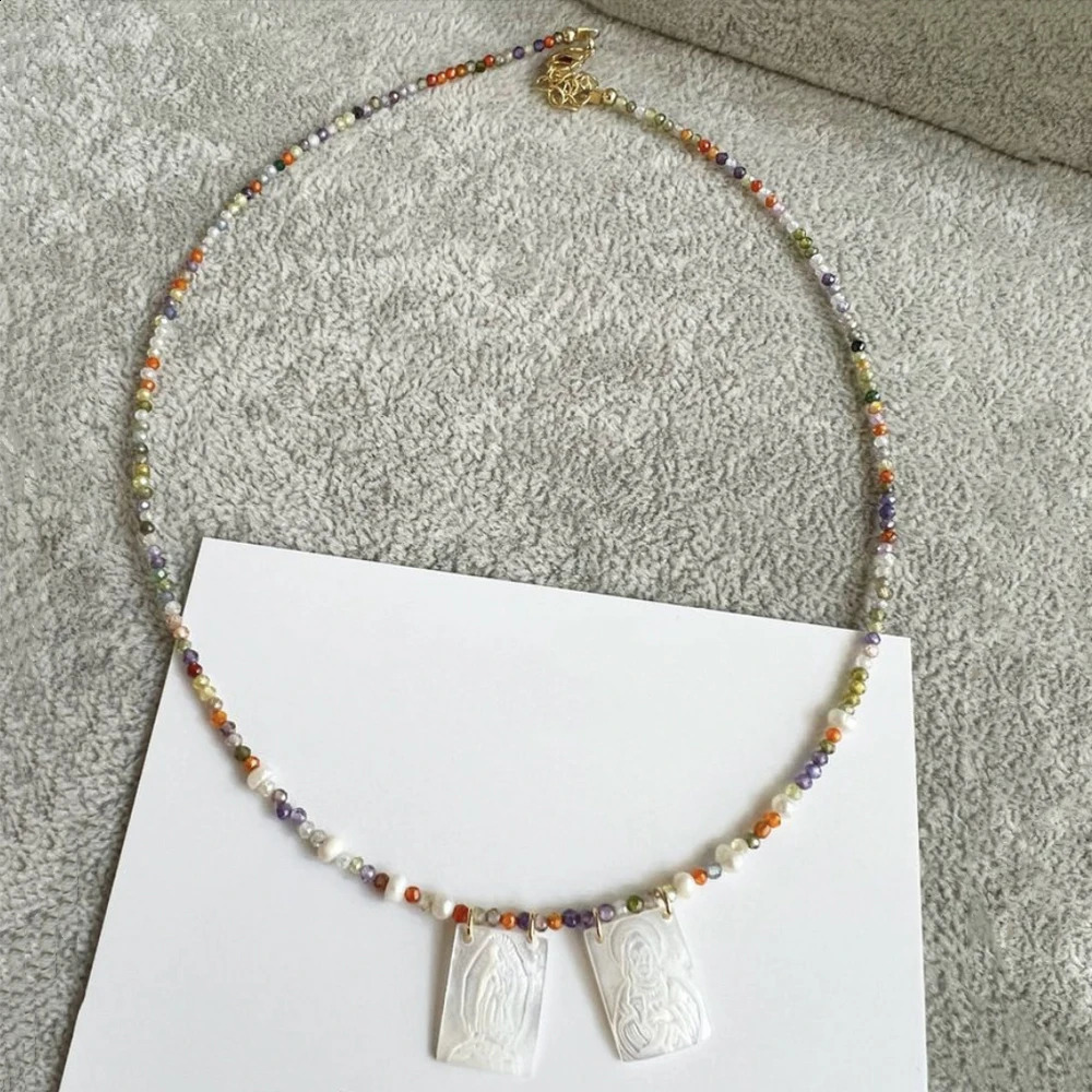 Natural Freshwater Pearl Holy Jesus Virgin Mary Pendant Necklace Handmade Colored Crystal Bead Necklace Mothers Day Gift 241018