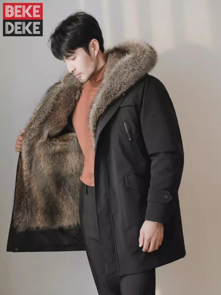Casual Mens Windbreakers Coat HighQuality Warm Raccoon Fur Lining Winter Parkas Middle Length Hooded Overcoat Male Long Jacket 241018