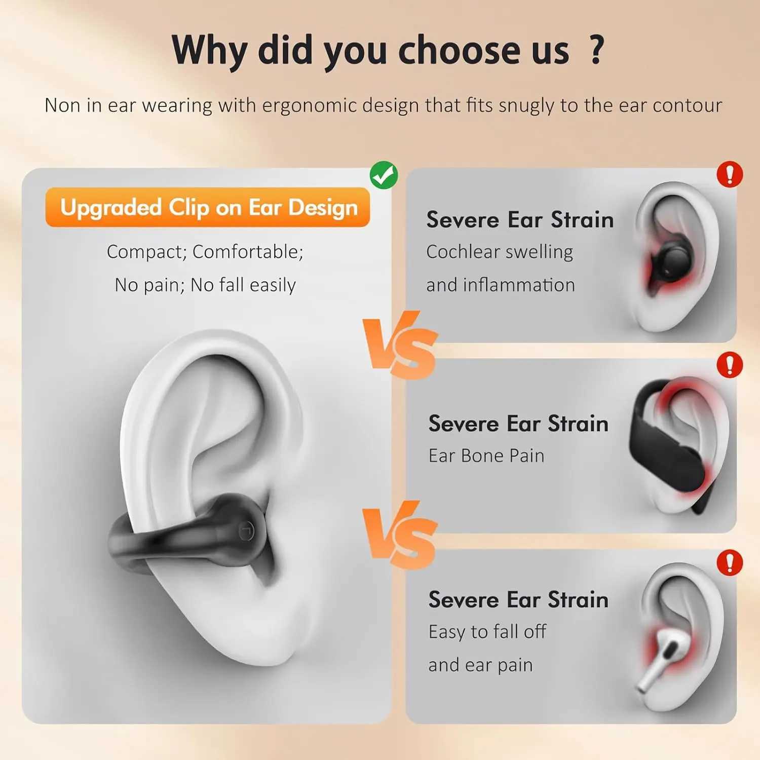 Headphones Open Ear Bone Conduction Headphones Wireless Earbuds Bluetooth 5.3 Clip On EarBuds with HD Call Microphone Sport Earphone Z250210