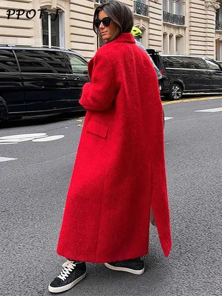 Red Woolen Lapel Women Coat Full Sleeve Loose Pocket Lady Maxi Outwear 2024 Elegant Office Autumn Winter Back Split Female TopX241009