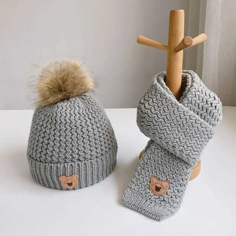 Autumn Winter 2Pcs Newborn Baby Hats Scarf Acrylic Cute Bear Beanies Warm Infant Knitted Hats For Baby Boys Girls 0-6 Years Old LX241018