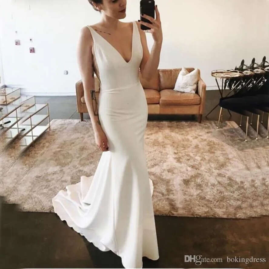 Sexy Simple Cheap Beach Mermaid Dresses Deep V Neck Backless Sweep Train Satin Wedding Dress Bridal Gowns Vestidos De Novia Estidos estidos