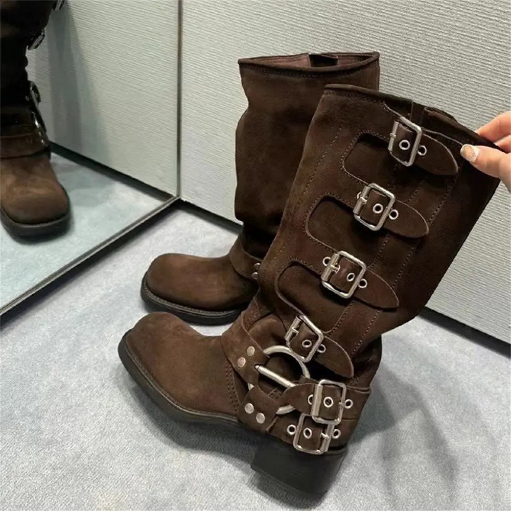 2024 cowhide leather womens y2k retro detachable bucket motorcycle boots brown buckle strap with boots241018 - view 6