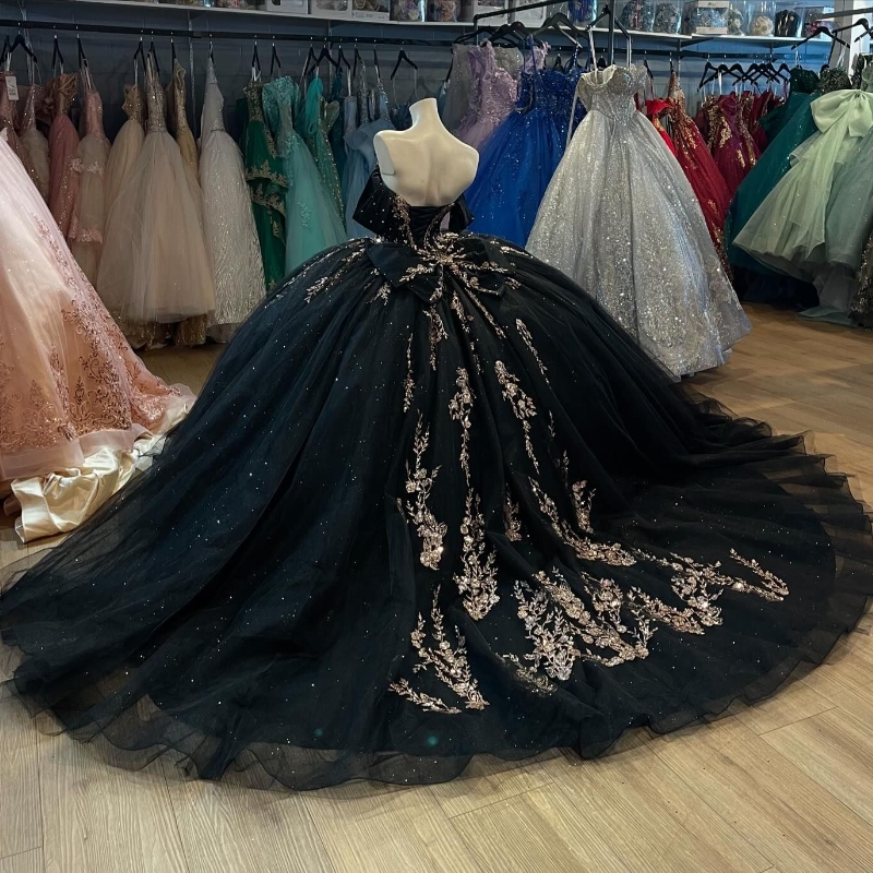 Black Gillter Princess Quinceanera Dresses Gold Sequin Applique Lace Crystal Tull Corset Lace-up vestidos de 15 anos Sweet 16 Dress