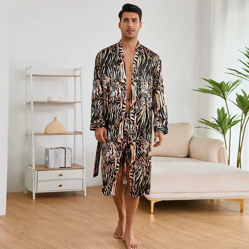 Men Bath Robe Satin Print Tiger Silk Bathrobe Home Sleepwear kimono Dressing Gown Bathrobe For MaleXJ241018