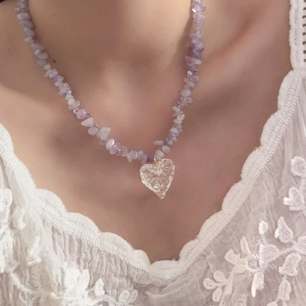 Irregular colored natural stone bead heart-shaped necklace necklace chain accessories 241018