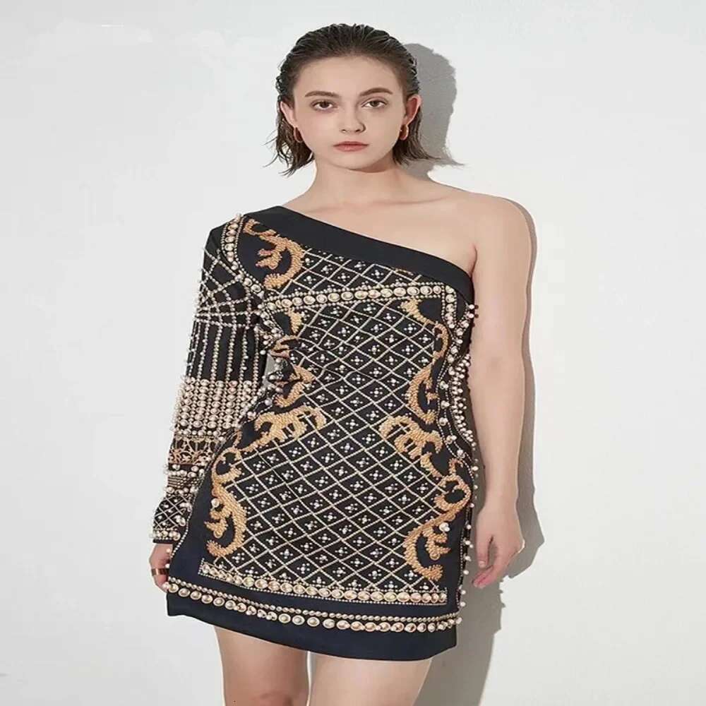 Spring Dresses Blazer Women Diagonal Collar One Shoulder Sleeve High Waist Printing Mini Dress Female Spliced Pearl A E