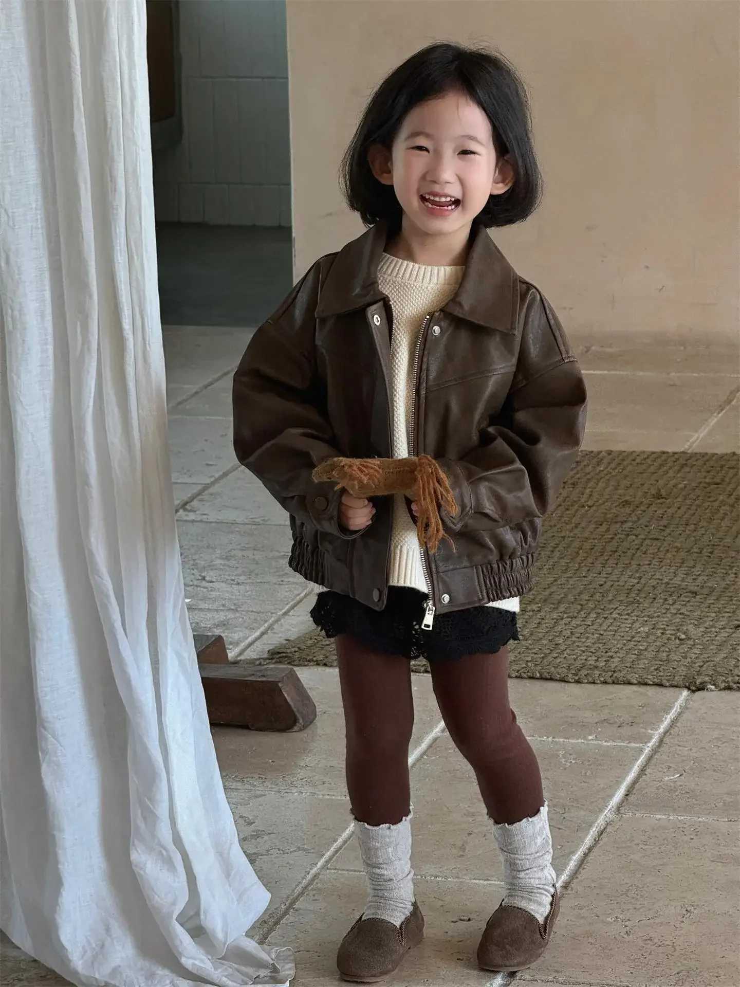 Autumn New Korean Childrens Clothing Girls Jacket Retro Coffee Short Leather Jacket Boutique Clothing Minimalist Style M241018