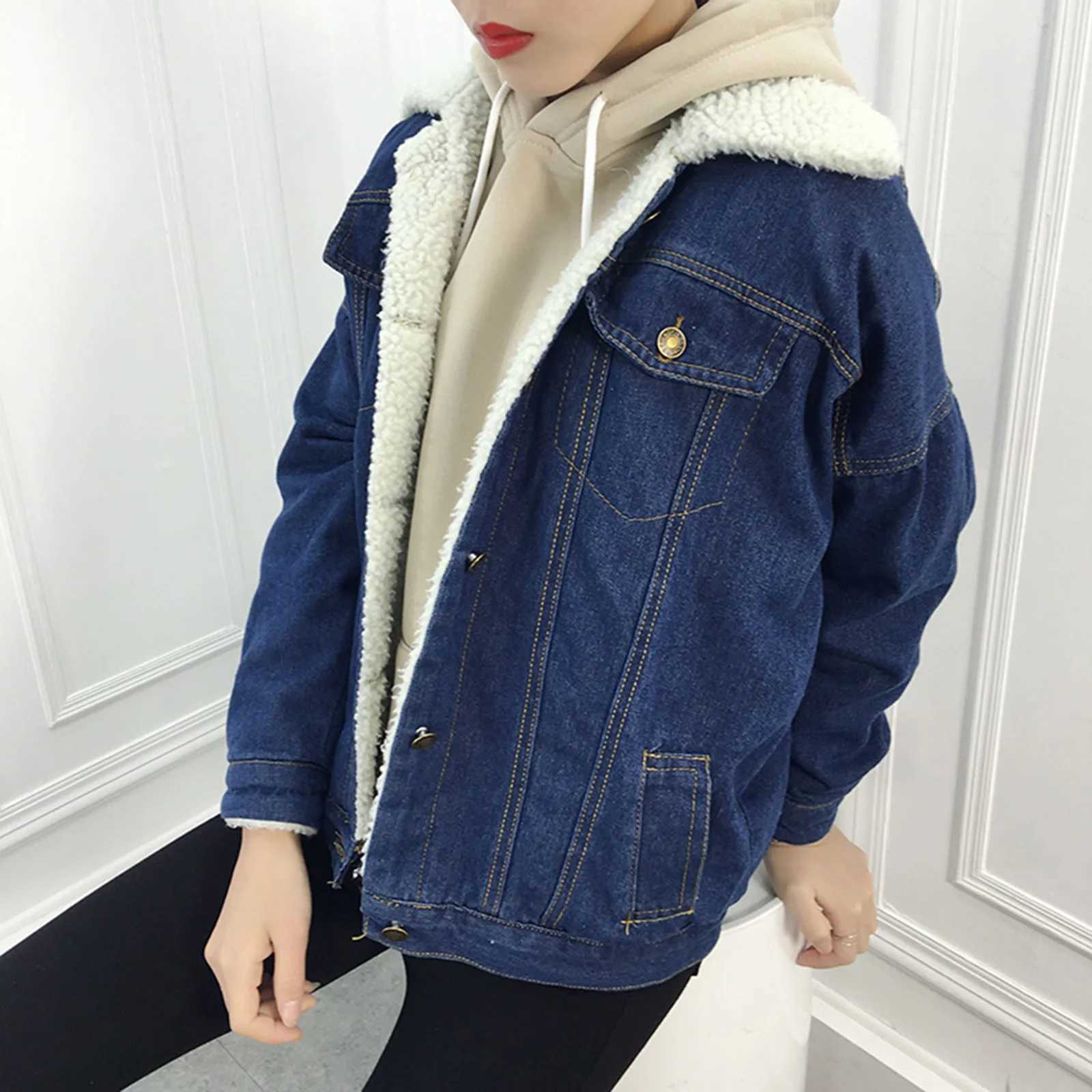 Vintage Women Lambswool Denim Jacket Women Autumn Winter Thicken Fleece Warm Denim Jacket Punk Long Sleeve Casual Loose OutwearX241018
