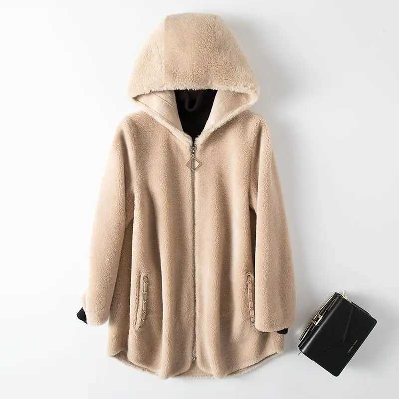 New 2023 Women Winter Fake Lamb Coat Faux Fur Parkas Medium Long Hooded Outwear Plus Size Thick Overcoat Lamb Wool JacketX241018