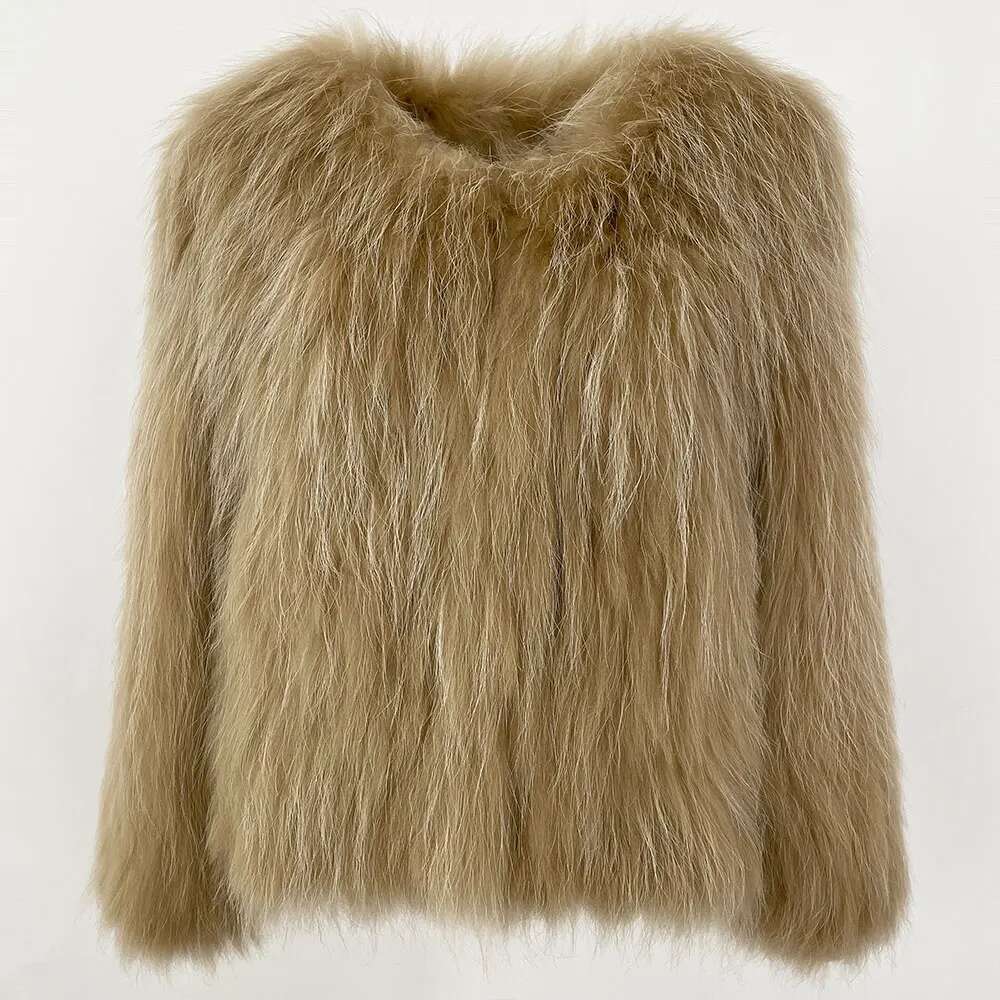 Real Raccoon Double-Side Knitted Thicken Natural Fur Jacket Long Sleeve V-Neck Winter Coat Women