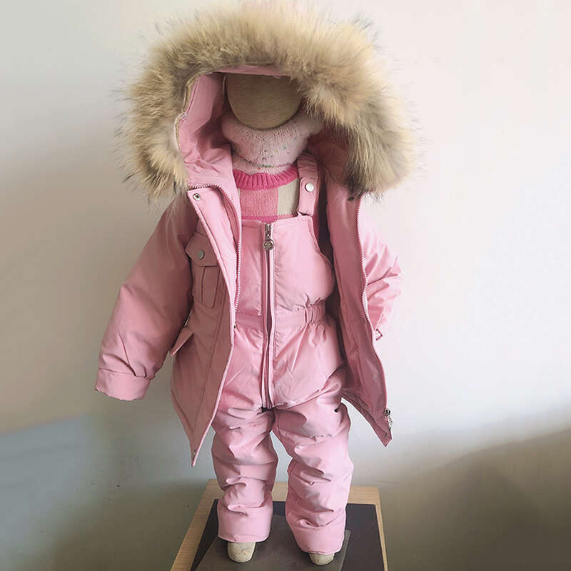 2Pcs Set Children Winter Down And Jumpsuit Baby Thicken Jacket For Girls Coat Warm Real Fur Collar Boys Snowsuit 0-4Y