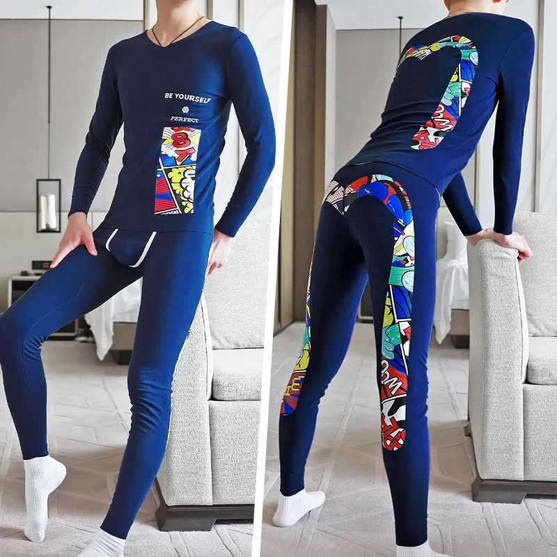 Mens Thermal Underwear Mens hot underwear set suitable for young thin personalized big M printed teeth German velvet autumn chloroprene underwear the 