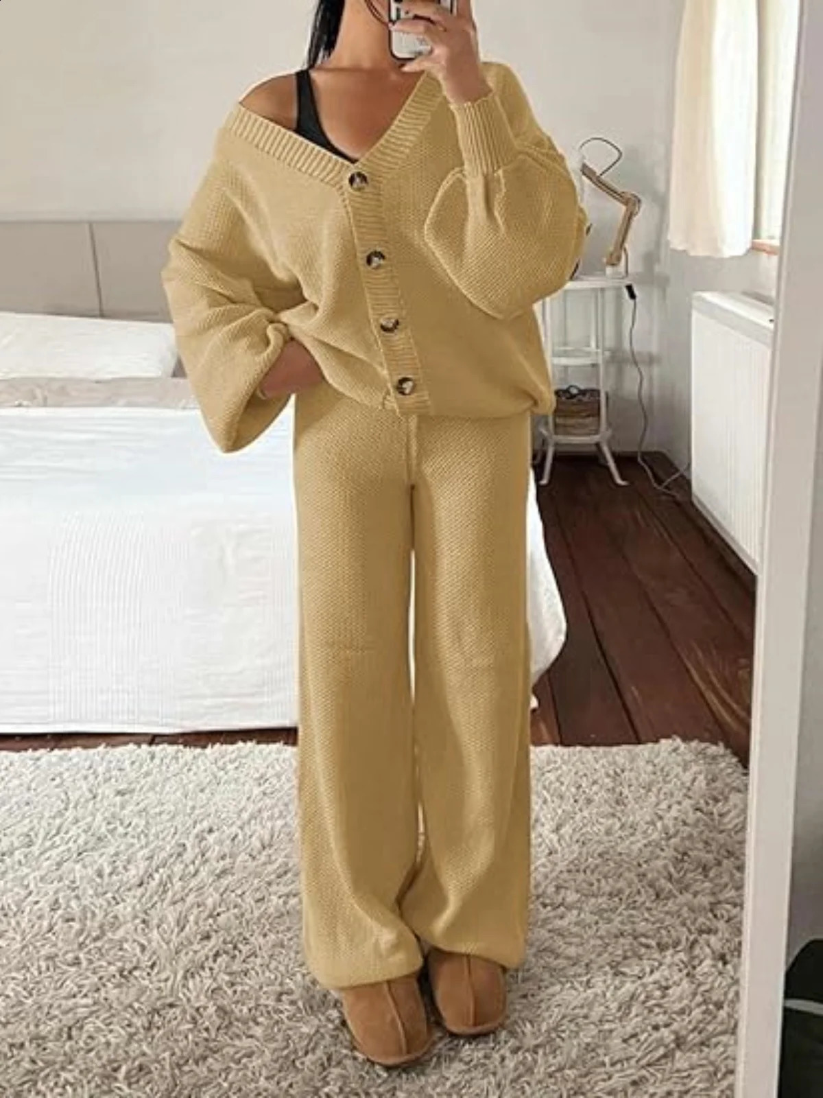 Solid Knit 2 Piece Sets Women Outfit V Neck Single Breasted Cardigan Sweater Tops Wide Leg Pants Casual Loose Fit Long Pant Sets 241017