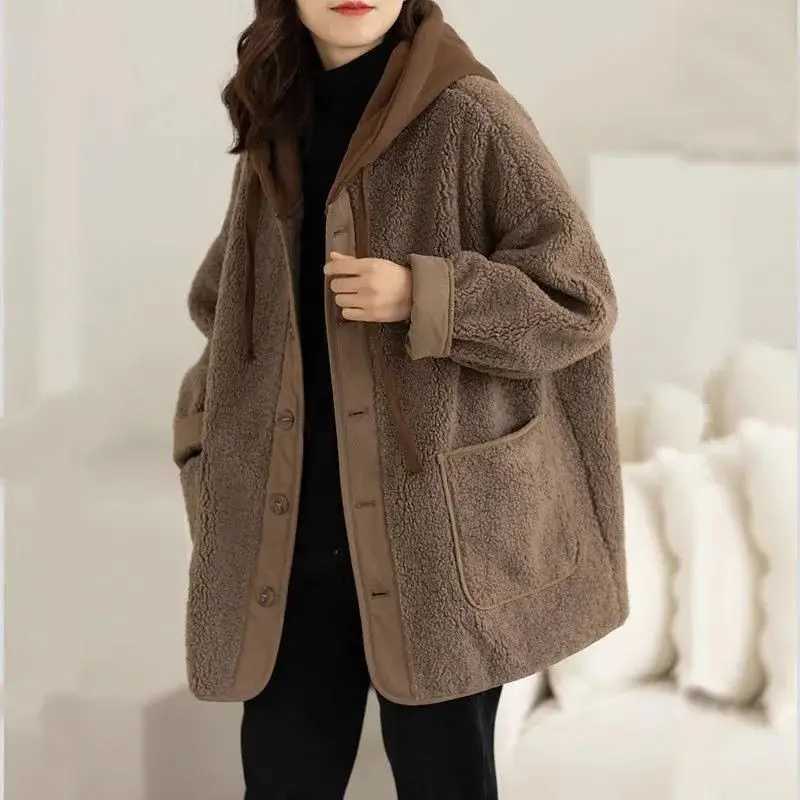Lamb Wool Fleece Hooded Cotton-padded Jacket Coat Autumn Winter Women Clothes Patchwork Oversize Warm Fake Two Pieces SweatshirtX241018