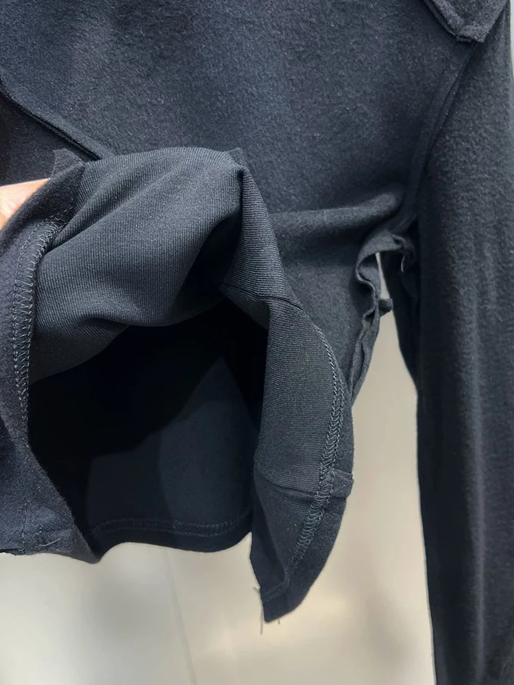 DEAT Fashion Black Womens Shoulder Pad Patchwork Tshirt Autumn Turtleneck Long Sleeves Pullover Top Female 11XX6290 241018