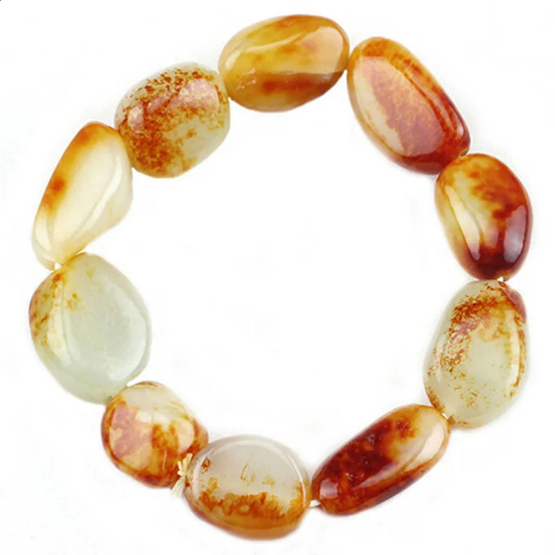 Hetian Pebble Bracelet Natural Dispersed Bead White Jadeite Coarse Stone Pendant for Men and Women Red Leather 241018