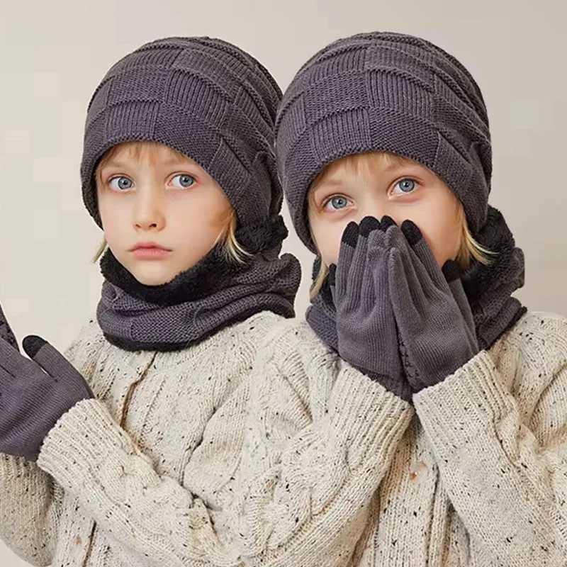 Winter Children Hat Gloves Scarf Set Plus Velvet Knitted Hats for Kids Neck Warmer Scarves Five Finger Gloves Boys Accessories LX241018
