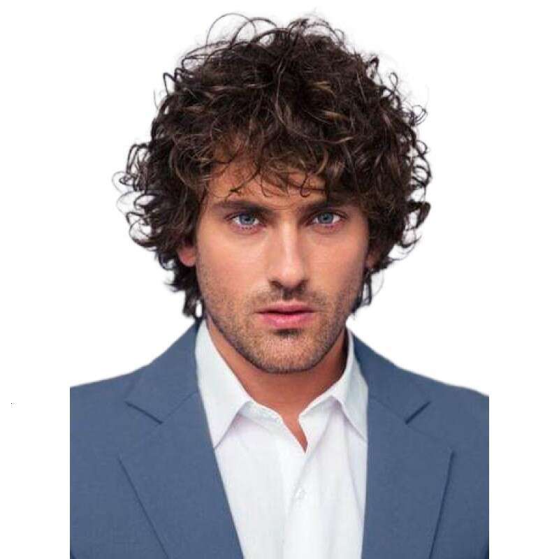 TEMU Men's Fluffy Dark Brown Wig Bangs Upturned Short Curly Hair