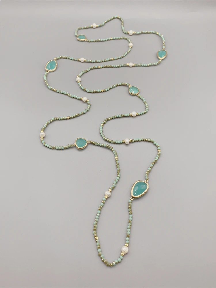Faceted Cut Irregular Aqua Quartz Long Necklace 5-6mm White Freshwater Pearl 2mm Crystal and 50 inch Hammer Strike Gold Beads 241017