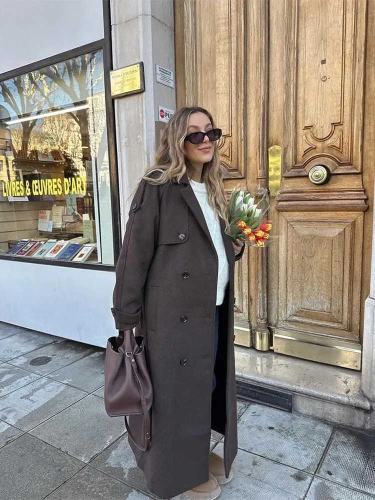 Elegant Brown Double-breasted Woolen Overcoat With Belt Women Long Sleeve Loose Lapel Casual Coat Autumn Warm Commute OutwearX241009