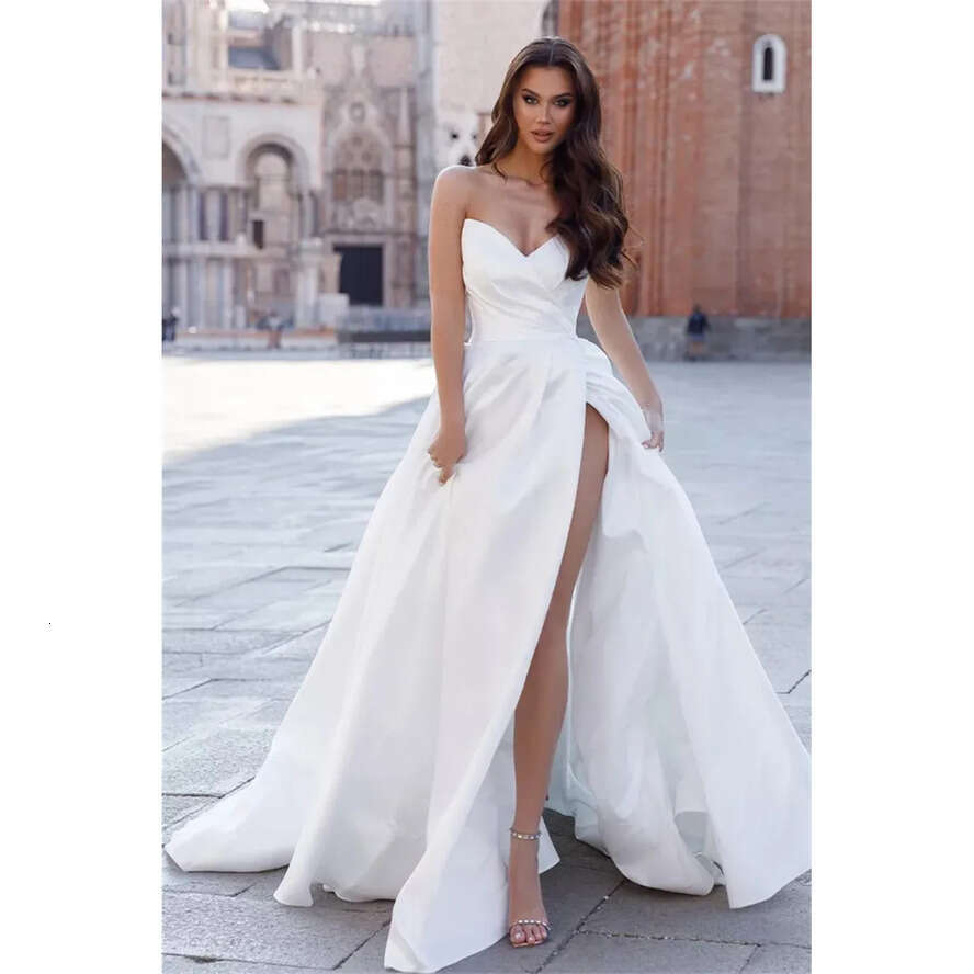 Slit Neck Simple V A E Dresses Pleat Satin Bridal Gown Sweep Train Backless Bohemian Wedding Gowns 326 s