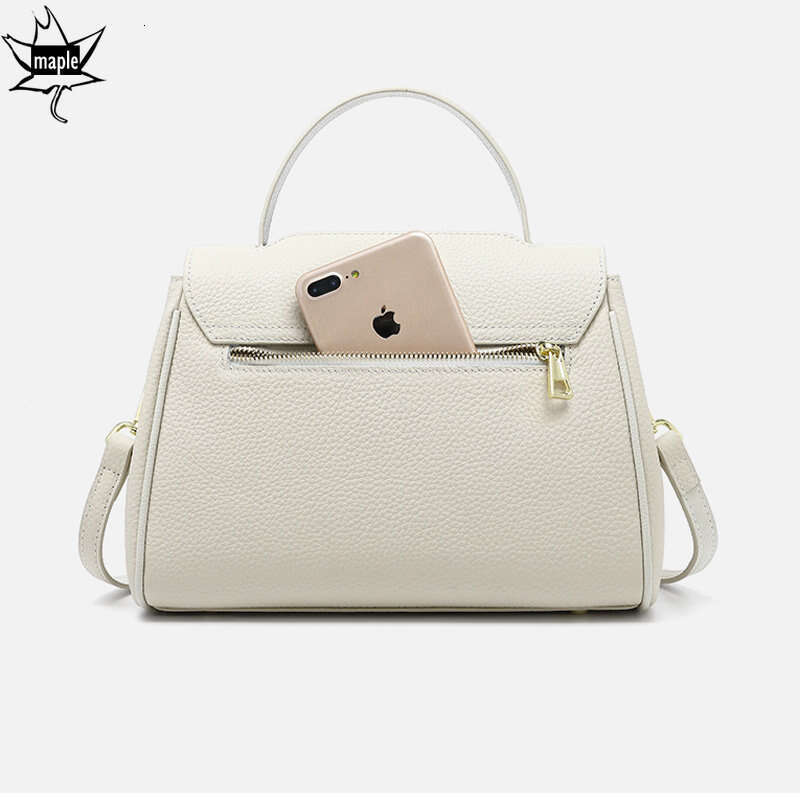 Elegant Beige White 2 Straps Shoulder Messenger Bag 100% Cow Leather Top-Handle Women Handbag Flap Crossbody Bags