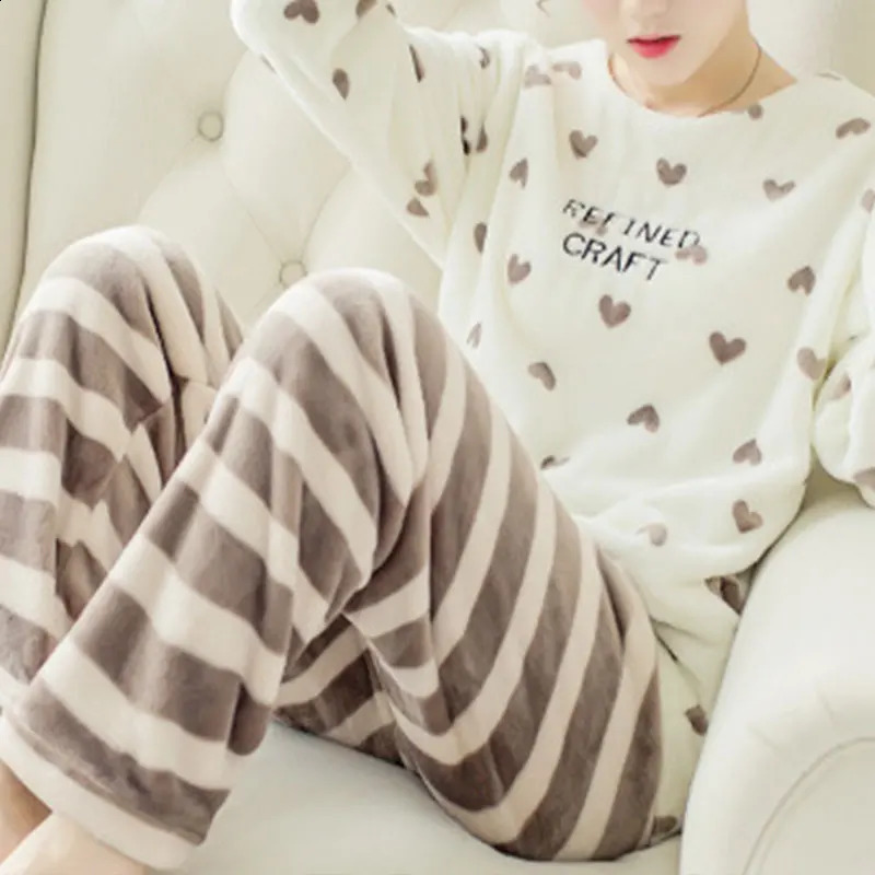 Womens autumn and winter two-piece warm flannel home clothes mens long sleeved pajamas coral velvet O-neck loose cartoon cute 241009