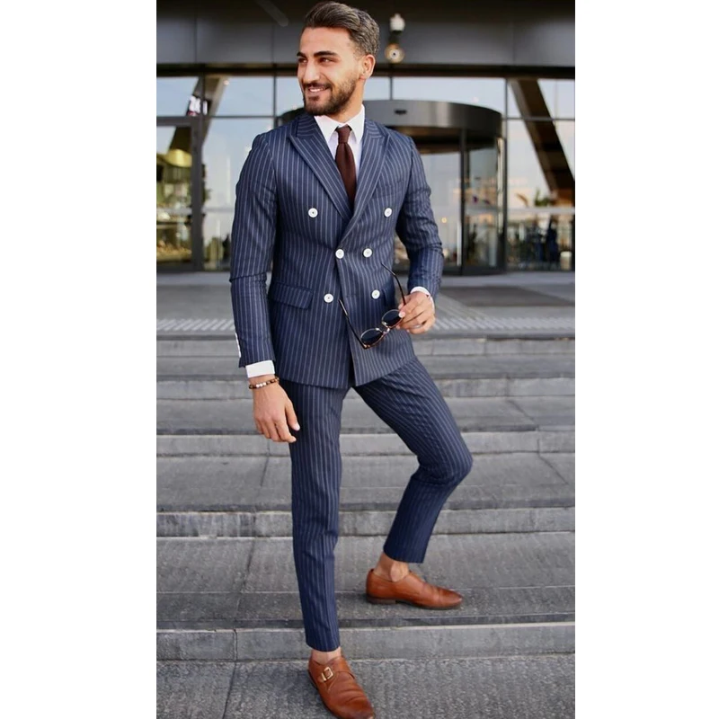 Stripe Business Men Suits Double Breasted Formal Wedding Groom Tuxedo Slim Fit for Dinner 2 Pieces Navy Blue Jacket with Pants