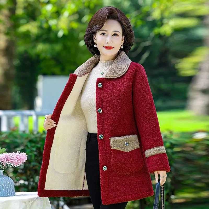 Middle Aged Womens Winter Jacket Lamb Wool Coat New Thicke Cotton Padded Jacket Warm Mid Long Particle Fleece Coat Female ParkaX241018