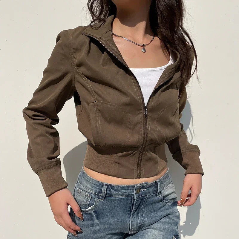 Casual Long Sleeves Pockets Cargo Coats Vintage Solid Slim Jackets Y2K Fashion Streetwear Aesthetic Zip Up Clothes 241010