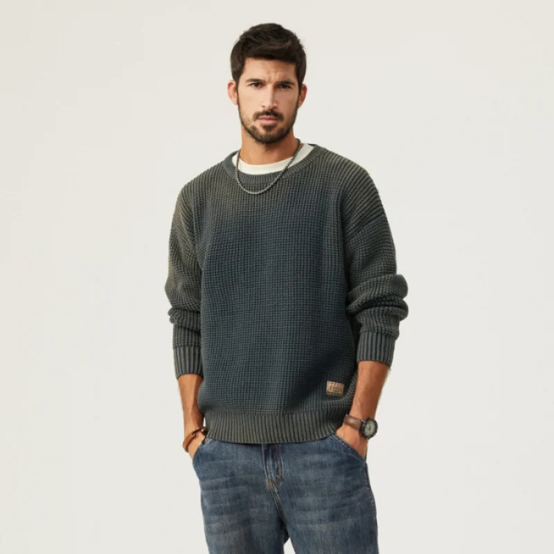 Autumn mens work style knitwear casual loose large size gradient sweater patch round neck pullover tops 241018
