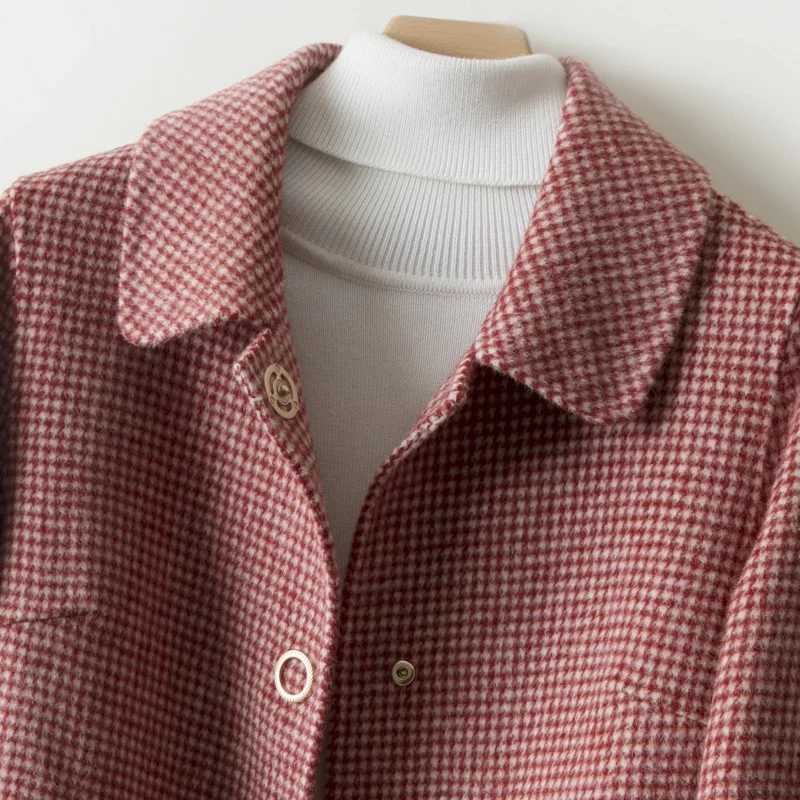 New Women Jacket Winter Woolen Coat Elegant Turn Down Collar Plaid Long Woolen Coat Single-breasted Warm Coat Casaco FemininoX241009