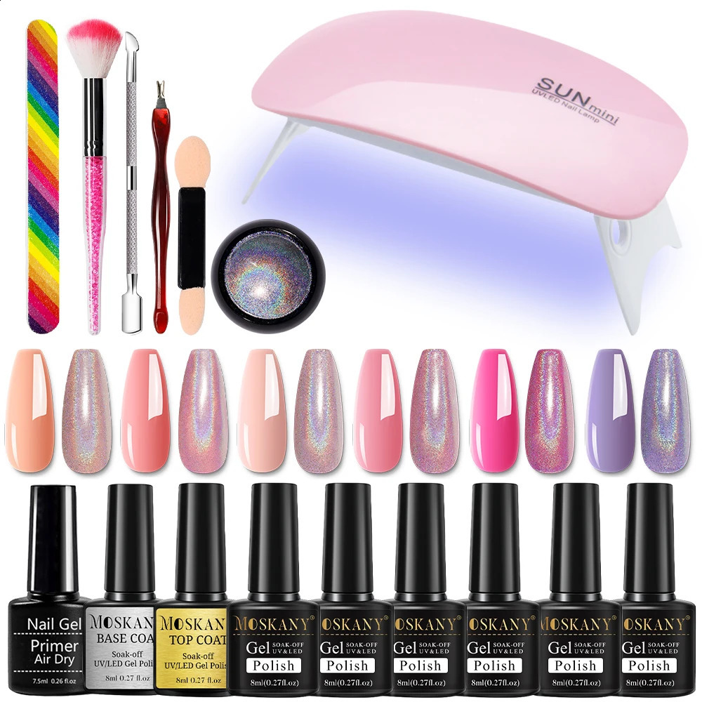 Manicure Set Nail Polish Set For Semi Permanent Polish Nail Art With MIni LED Lamp And Magic Mirror Powder Tools Kit 241017