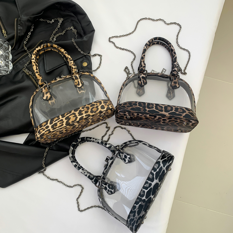 Brand Shell Handbag For Women Vintage Khaki Leopard Leather Shoulder Bag Female Waterproof Transparent PVC Crossbody Bags