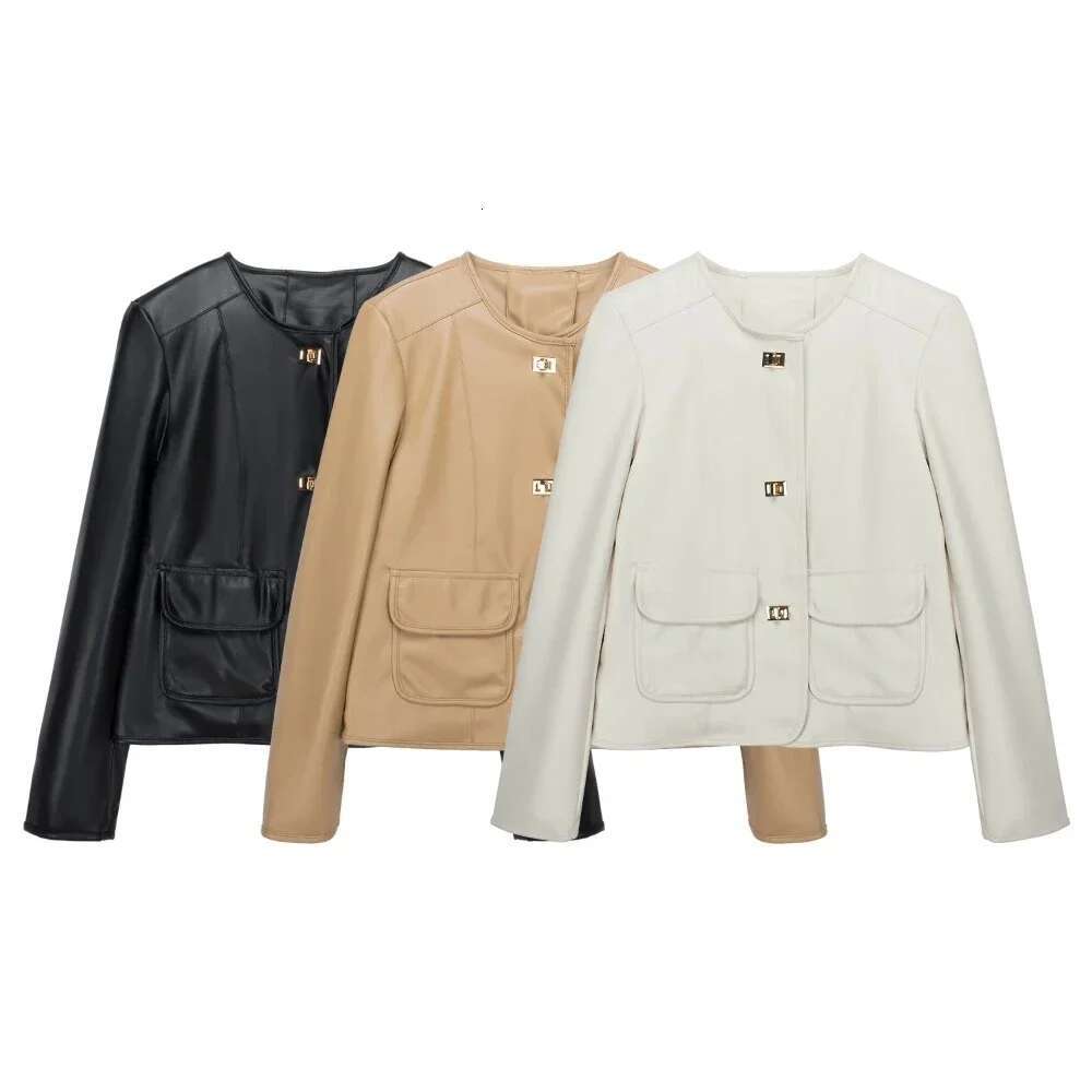 Artificial Women Spring Autumn New Fashion Round Neck Metal Buckle Leather Jacket 2024 Europe Popular Small Coat