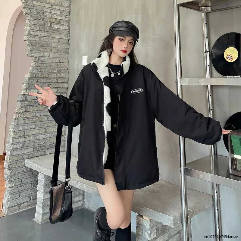 2023 Wear On Both Sides Thicked Lamb Wool Coats Autumn Winter Korean Loose Heart Print Jackets Harajuku Simple New Parkas TopsX241018