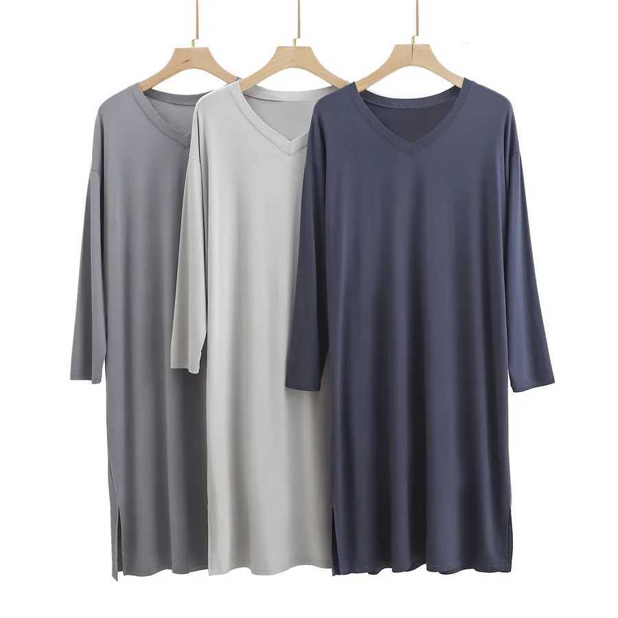 New 2024 Mens Pajamas Robe Casual Mid-length Modal V-neck Home Clothes Soft Stretch Bathrobes Male Sleepwear Dress LoungewearXJ241018